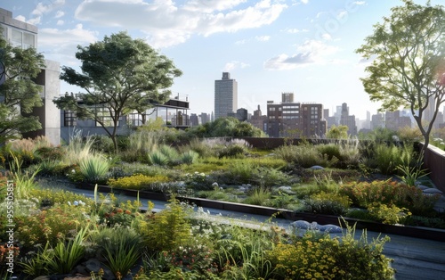 Urban green roof filled with lush vegetation from the fossil era promoting sustainability in a modern cityscape photo