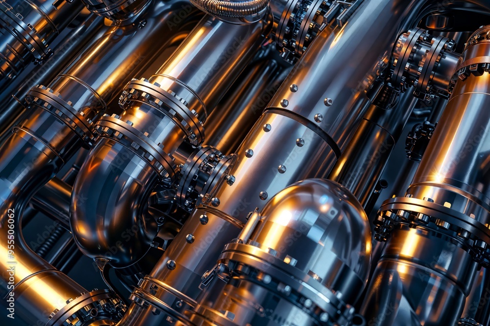 Industrial Pipe Structure. A close-up view of shiny metallic pipes and fittings with intricate details and reflections, showcasing industrial design. Industrial Pipe Structure. A close-up view of shiny metallic pipes and fittings with intricate details and reflections, showcasing industrial design.
