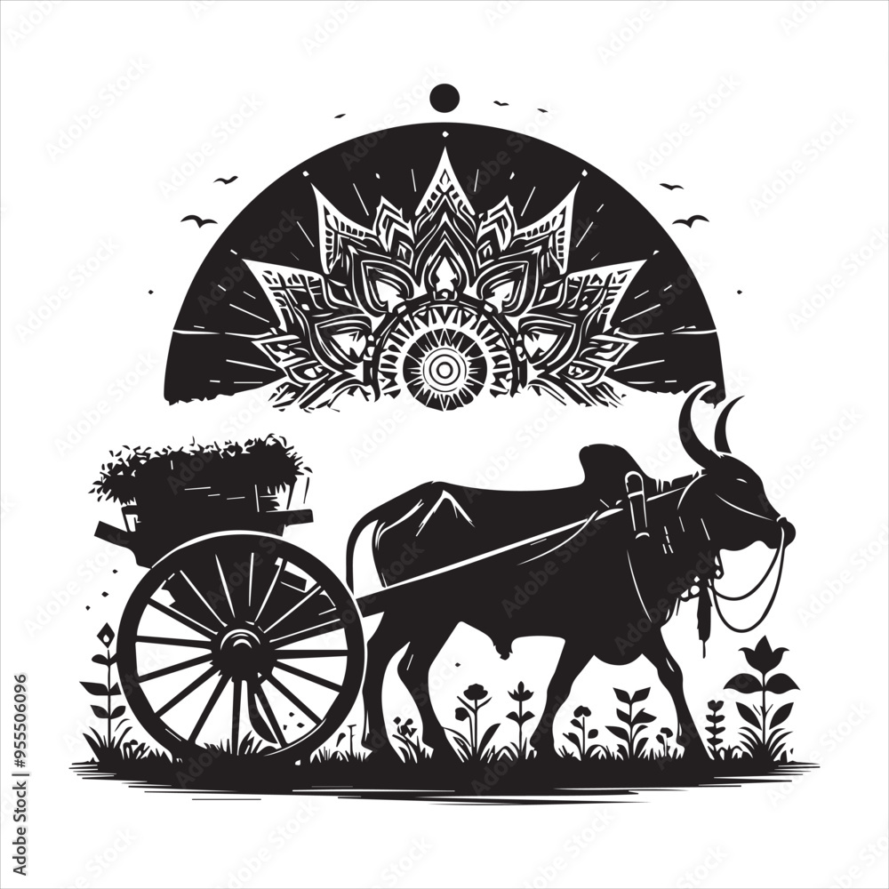 Fototapeta premium bullock cart wheel silhouette vector With White Background 