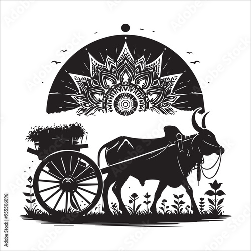 bullock cart wheel silhouette vector With White Background 