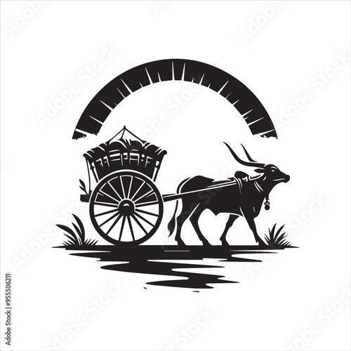 bullock cart wheel silhouette vector With White Background 