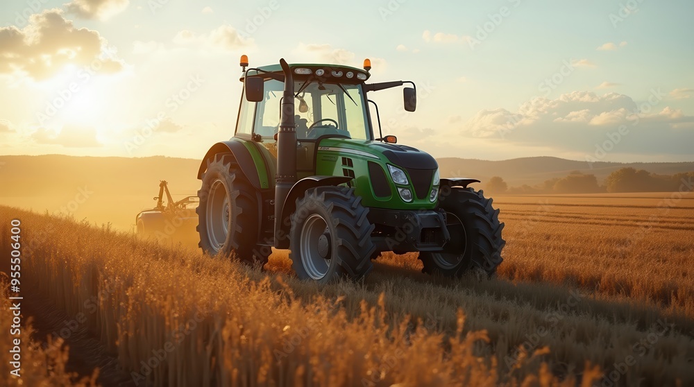 A modern tractor working in golden fields at sunset, symbolizing agricultural productivity and innovation in farming. A modern tractor working in golden fields at sunset, symbolizing agricultural productivity and innovation in farming.