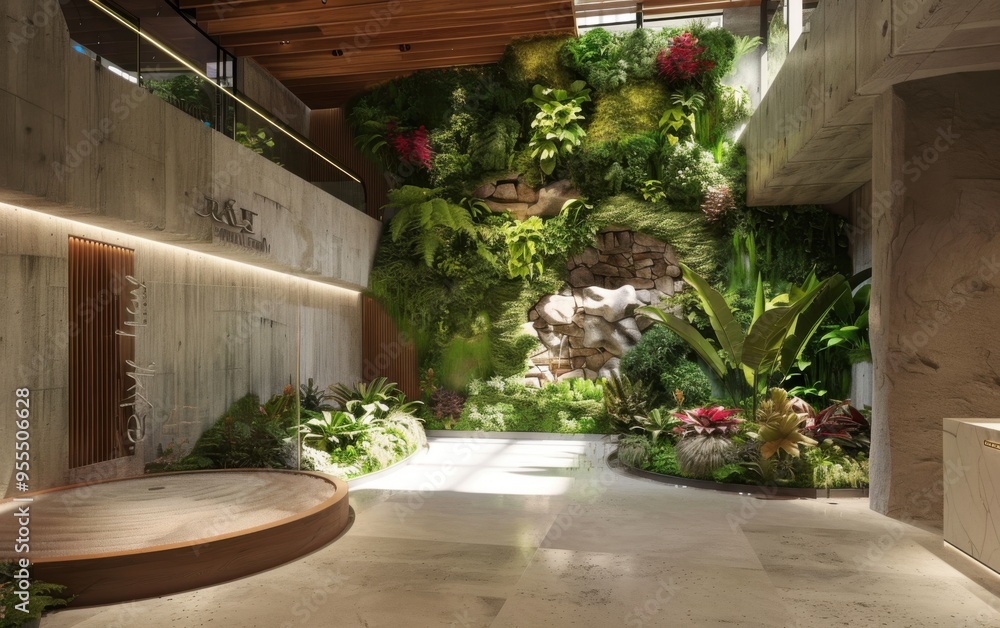 Naklejka premium Innovative green wall design integrates ancient flora to enhance modern building sustainability in a contemporary lobby