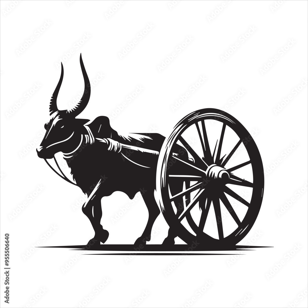 Fototapeta premium bullock cart wheel silhouette vector With White Background 