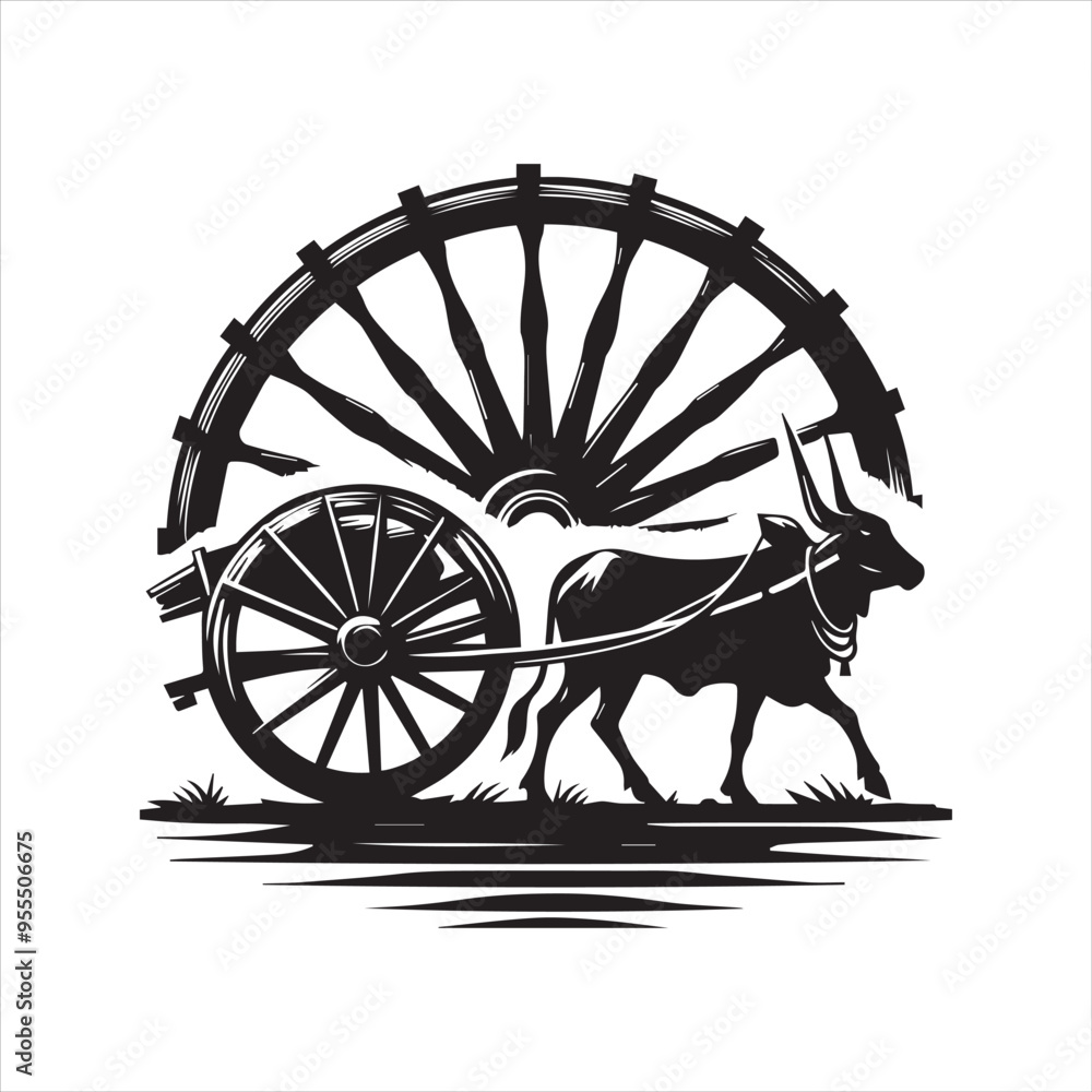 Fototapeta premium bullock cart wheel silhouette vector With White Background 