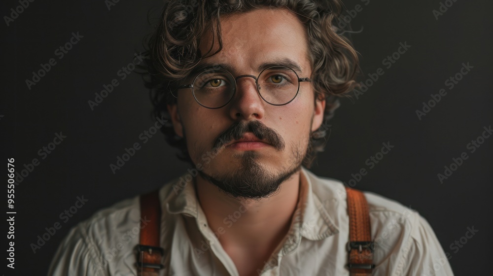 Obraz premium A bearded young man wearing glasses with curly hair and a retro shirt and suspenders poses thoughtfully against a dark background, exuding confidence and style.