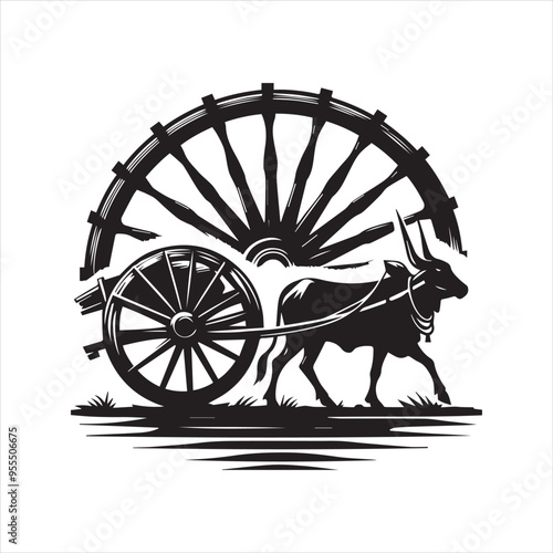 bullock cart wheel silhouette vector With White Background 