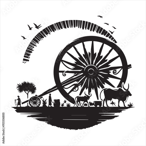 bullock cart wheel silhouette vector With White Background 