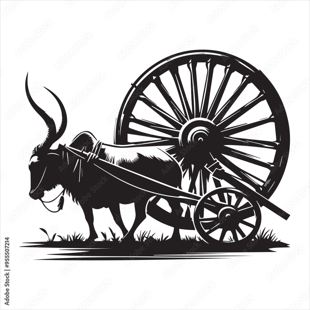 Fototapeta premium bullock cart wheel silhouette vector With White Background 