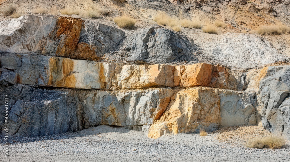 Rock formations reveal geological layers in a desert landscape at noon Rock formations reveal geological layers in a desert landscape at noon