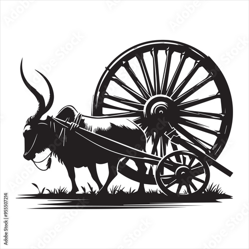bullock cart wheel silhouette vector With White Background 