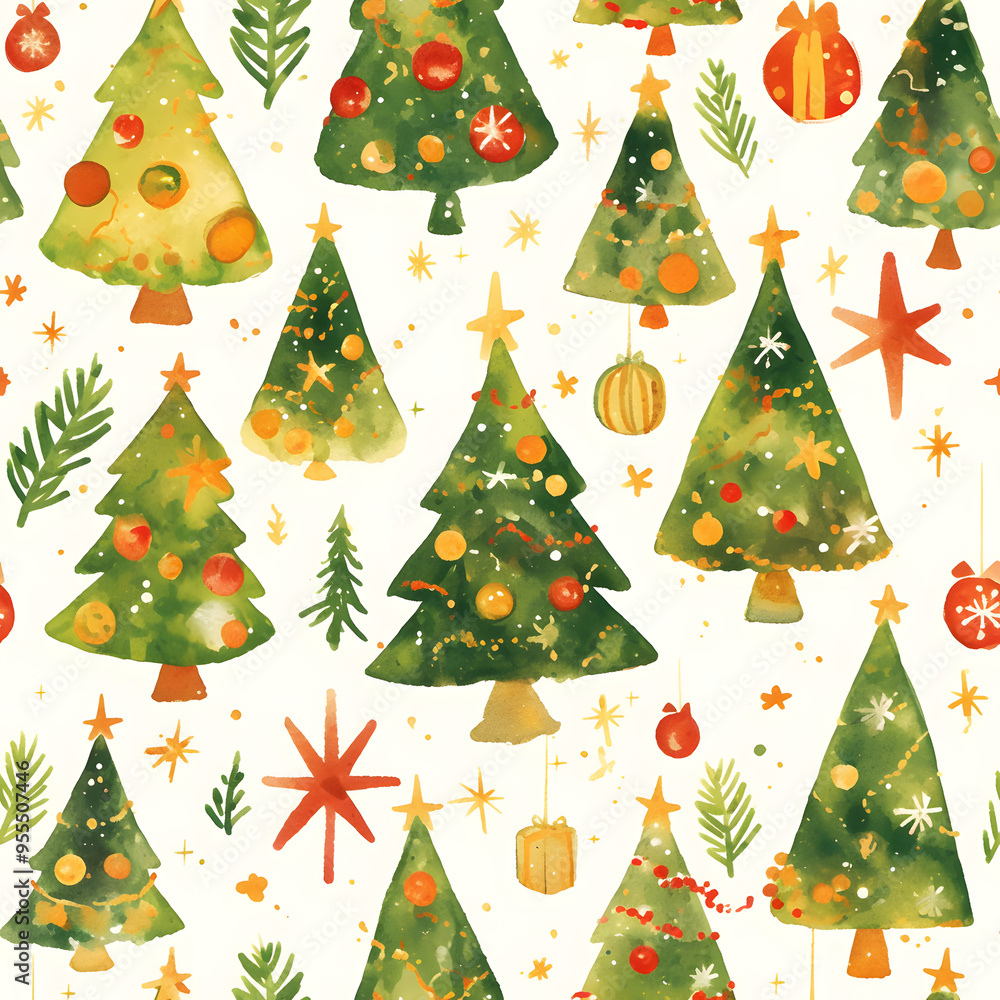 Seamless pattern with Christmas tree on background in cartoon watercolor style. Seamless pattern with Christmas tree on background in cartoon watercolor style.