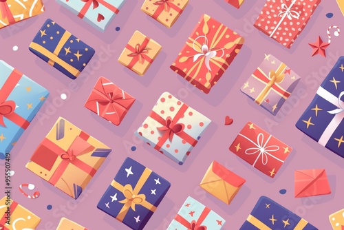 Gift box seamless pattern with icons. 