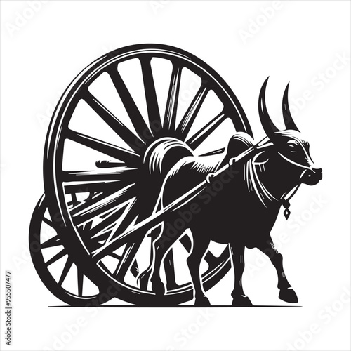 bullock cart wheel silhouette vector With White Background 