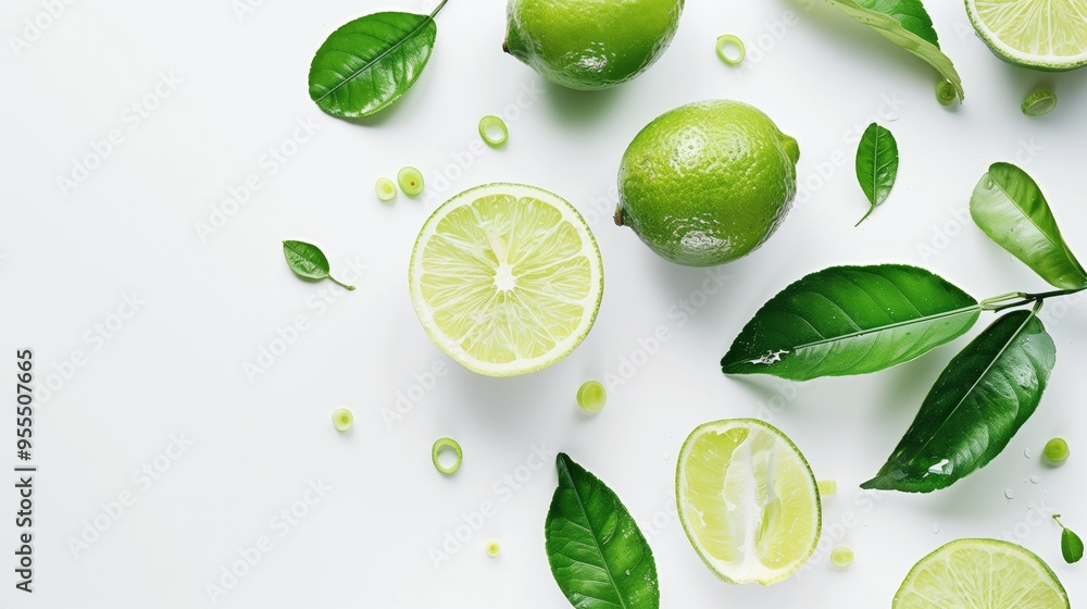 Green limes with half slice and green leaves isolated on white background, fresh citrus summer fruit and making food Green limes with half slice and green leaves isolated on white background, fresh citrus summer fruit and making food