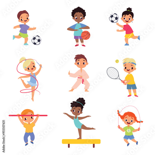 Kids Sport with Girl and Boy Character Enjoy Sportive Activity Vector Set