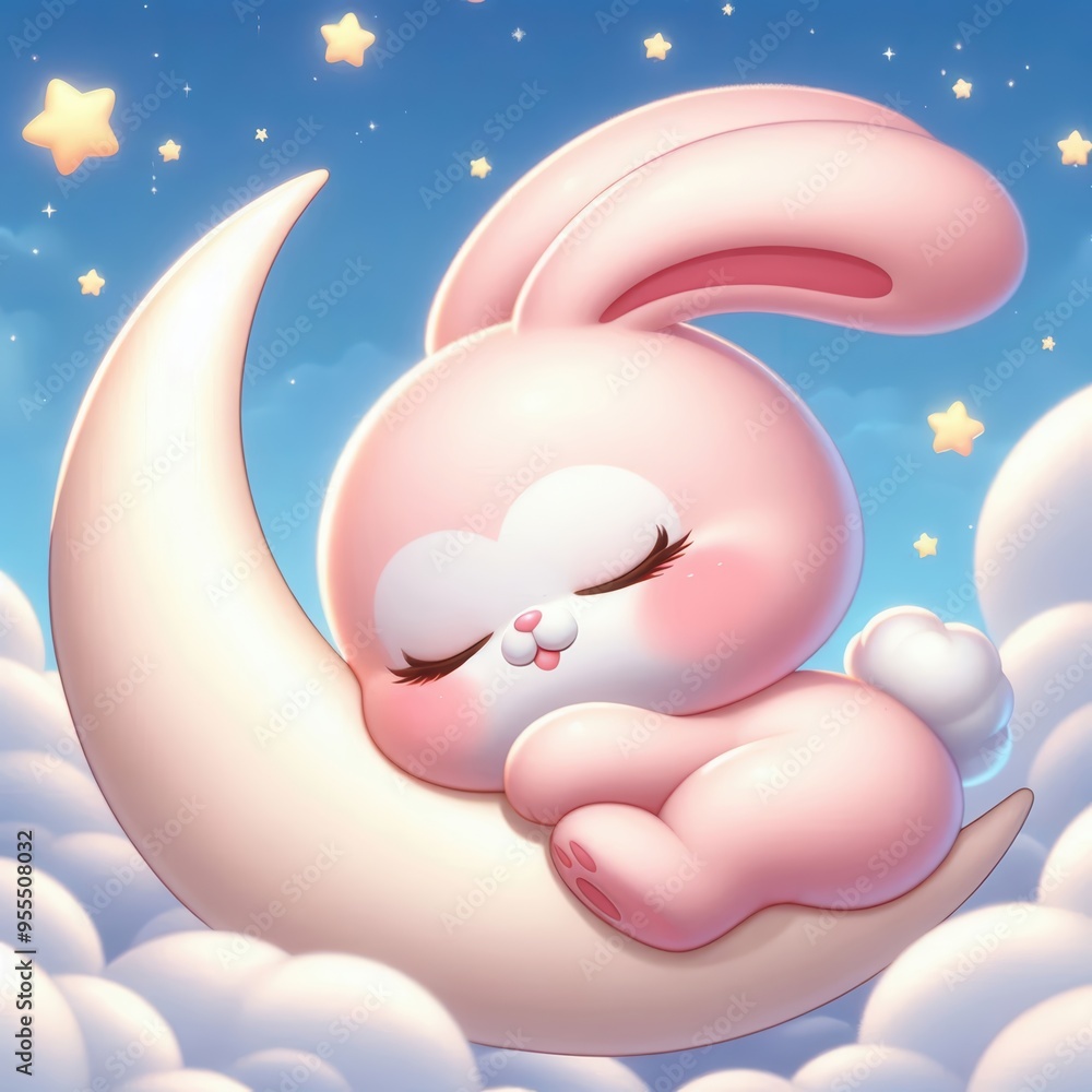 A cute, dreamy pink bunny sleeping on a crescent moon among fluffy clouds and twinkling stars, perfect for children's products, bedtime stories, and playful designs. A cute, dreamy pink bunny sleeping on a crescent moon among fluffy clouds and twinkling stars, perfect for children's products, bedtime stories, and playful designs.