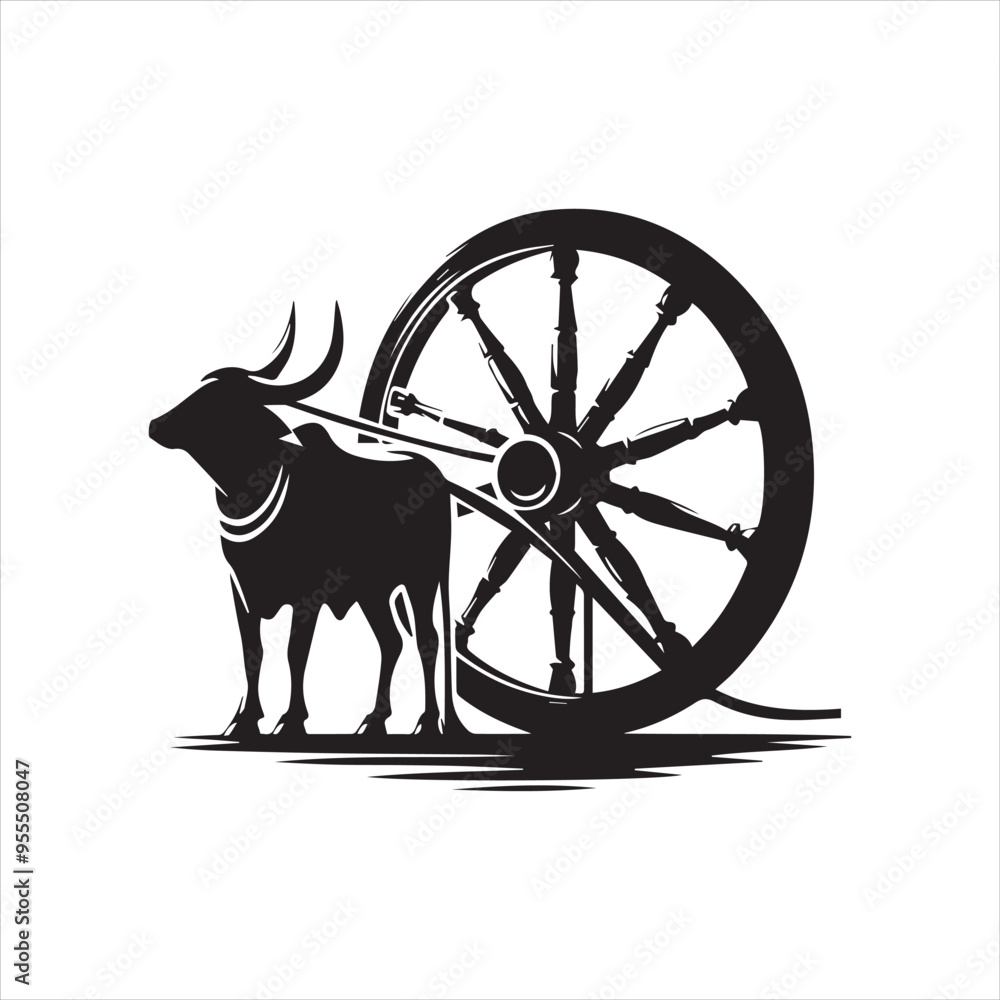 Fototapeta premium bullock cart wheel silhouette vector With White Background 