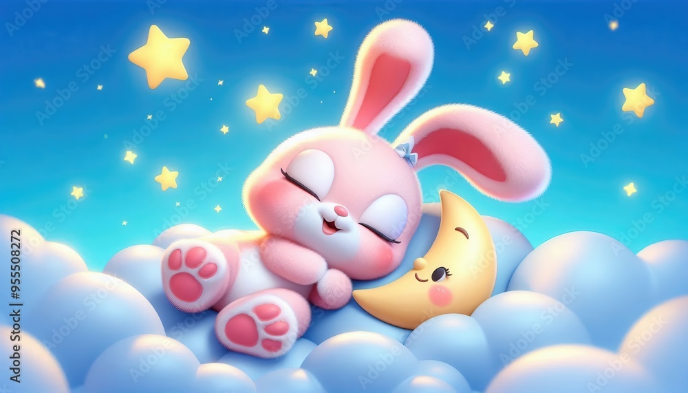 A cute, dreamy scene featuring a sleeping bunny and a smiling moon amidst fluffy clouds and twinkling stars, perfect for children's products and bedtime themes. A cute, dreamy scene featuring a sleeping bunny and a smiling moon amidst fluffy clouds and twinkling stars, perfect for children's products and bedtime themes.