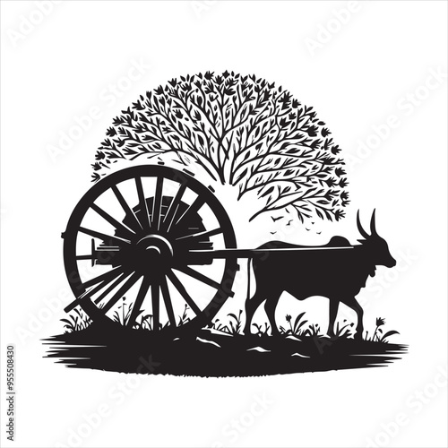 bullock cart wheel silhouette vector With White Background 