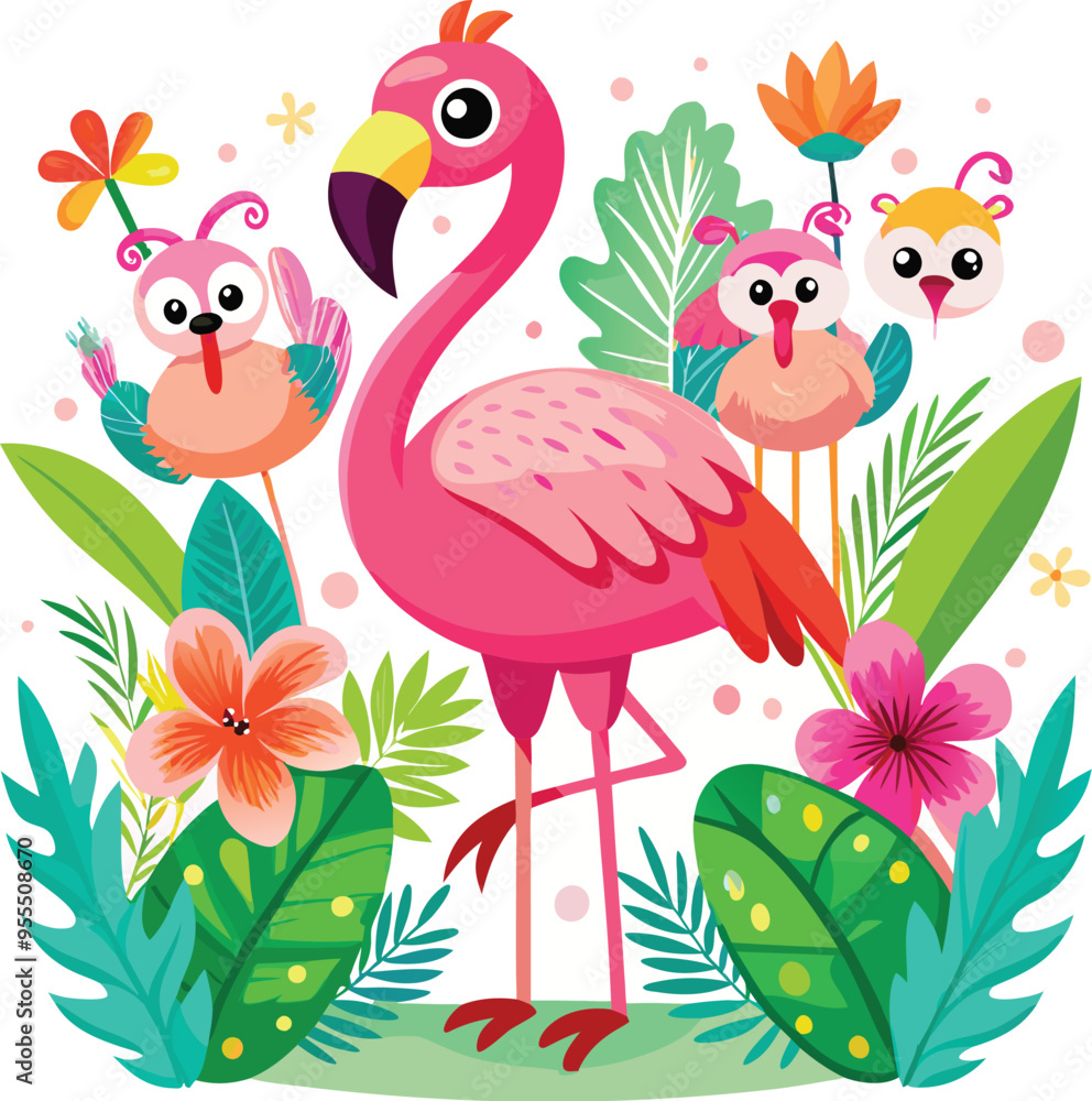 Naklejka premium Cute cartoon isolated Flamingos on the beach