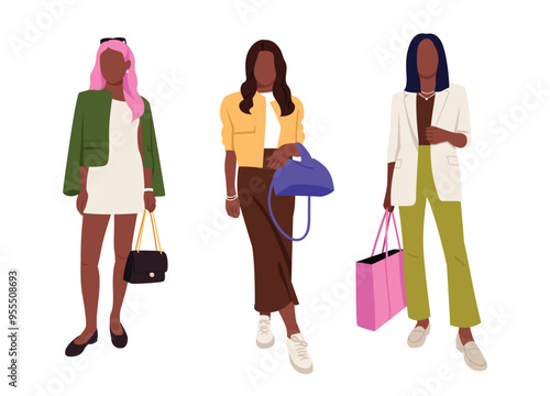 Vector illustration of dark-skinned girls dressed in stylish clothes. Cartoon scene of girls dressed in fashionable outfits:dress,jackets, t-shirts,maxi skirt, pants, bags, earrings, bracelets, chain.