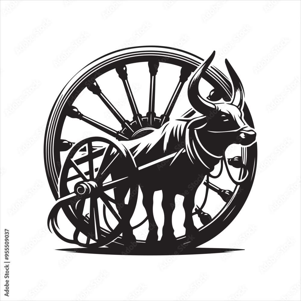 Fototapeta premium bullock cart wheel silhouette vector With White Background 