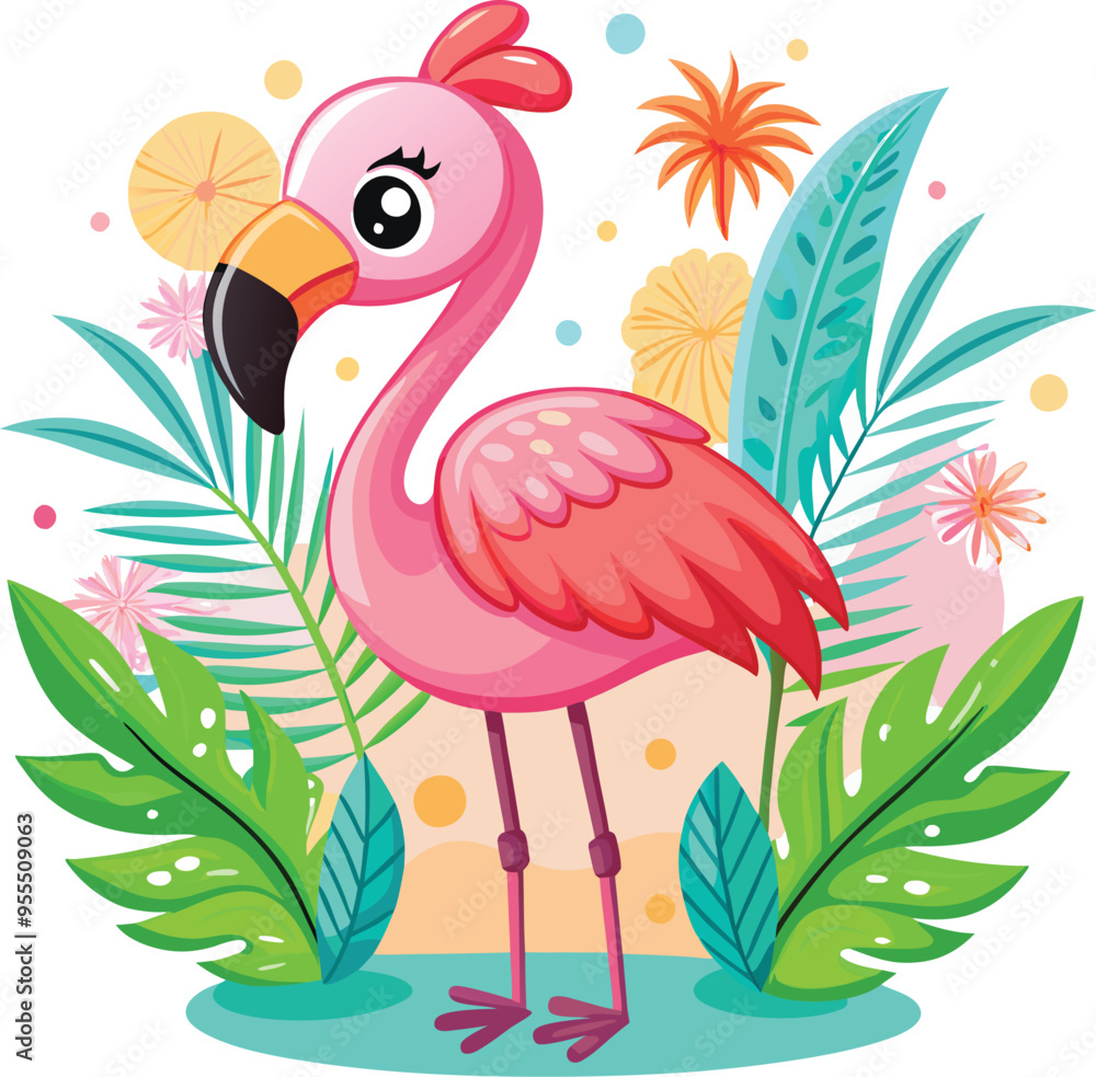 Fototapeta premium Cute cartoon isolated Flamingos on the beach