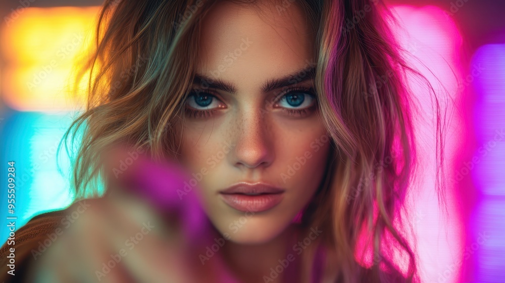 Portrait of a young woman with piercing eyes gazing intensely at the camera, set against a vibrant neon background, capturing a raw and engaging visual emotion. Portrait of a young woman with piercing eyes gazing intensely at the camera, set against a vibrant neon background, capturing a raw and engaging visual emotion.