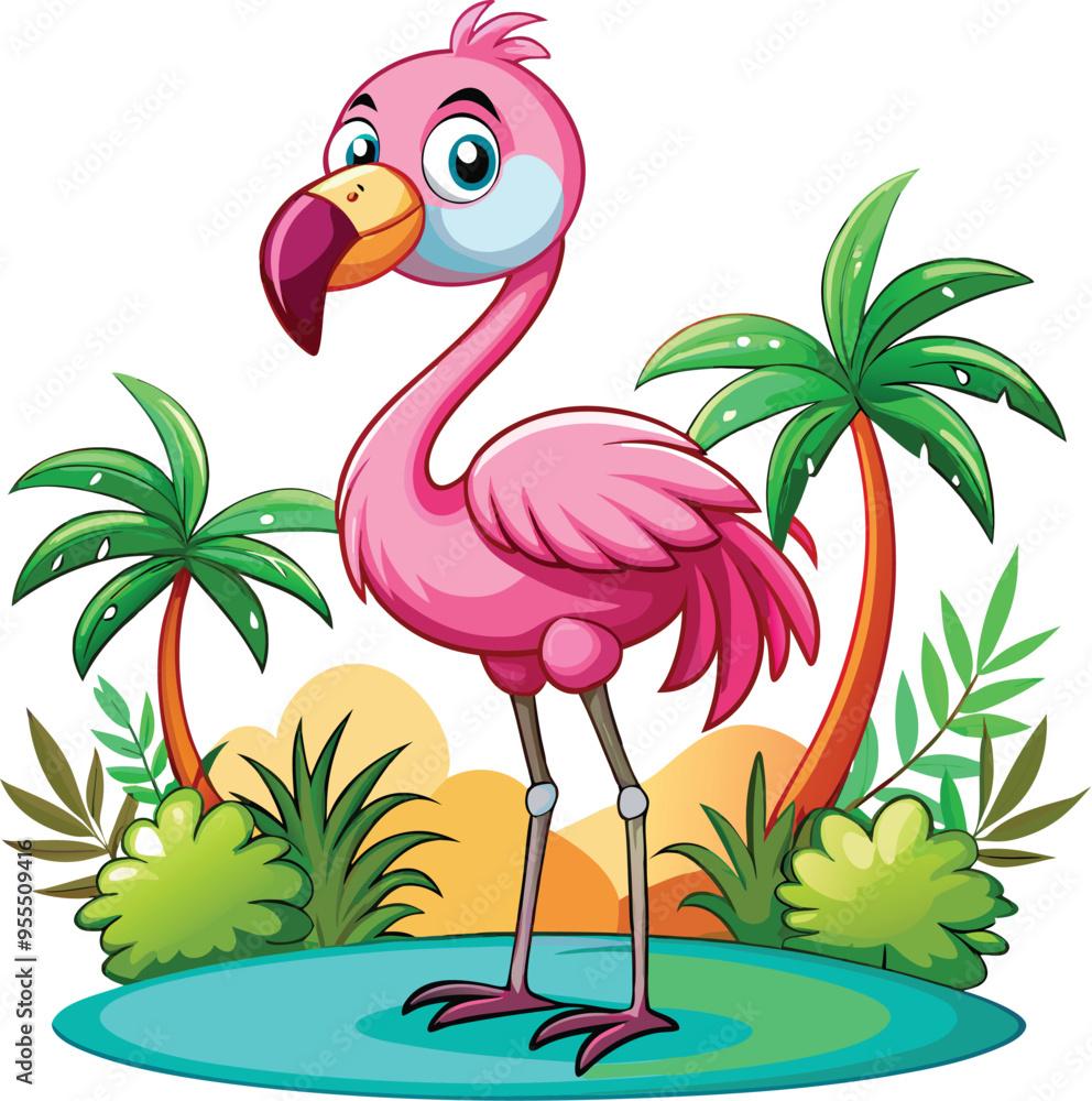 Fototapeta premium Cute cartoon isolated Flamingos on the beach