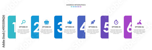 Horizontal progress bar featuring 6 arrow-shaped elements, symbolizing the six stages of business strategy and progression. Clean timeline infographic design template. Vector for presentation