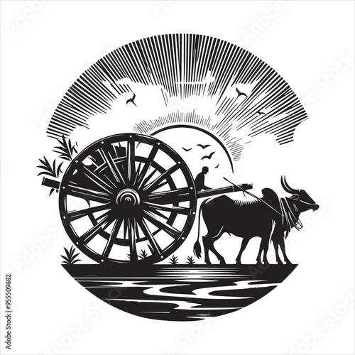 bullock cart wheel silhouette vector With White Background 