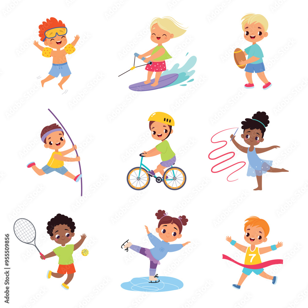 Kids Sport with Girl and Boy Character Enjoy Sportive Activity Vector Set Kids Sport with Girl and Boy Character Enjoy Sportive Activity Vector Set