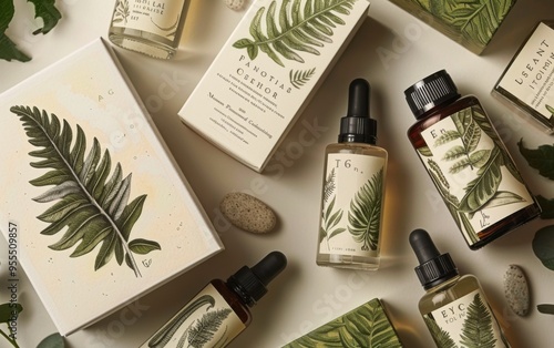 Natural skincare products with botanical illustrations of ancient flora displayed attractively among green leaves photo