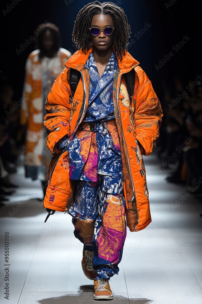 Smart Man model on a runway wearing a space futuristic outfit, blending bold colors and intricate patterns, spotlight highlighting the look Smart Man model on a runway wearing a space futuristic outfit, blending bold colors and intricate patterns, spotlight highlighting the look