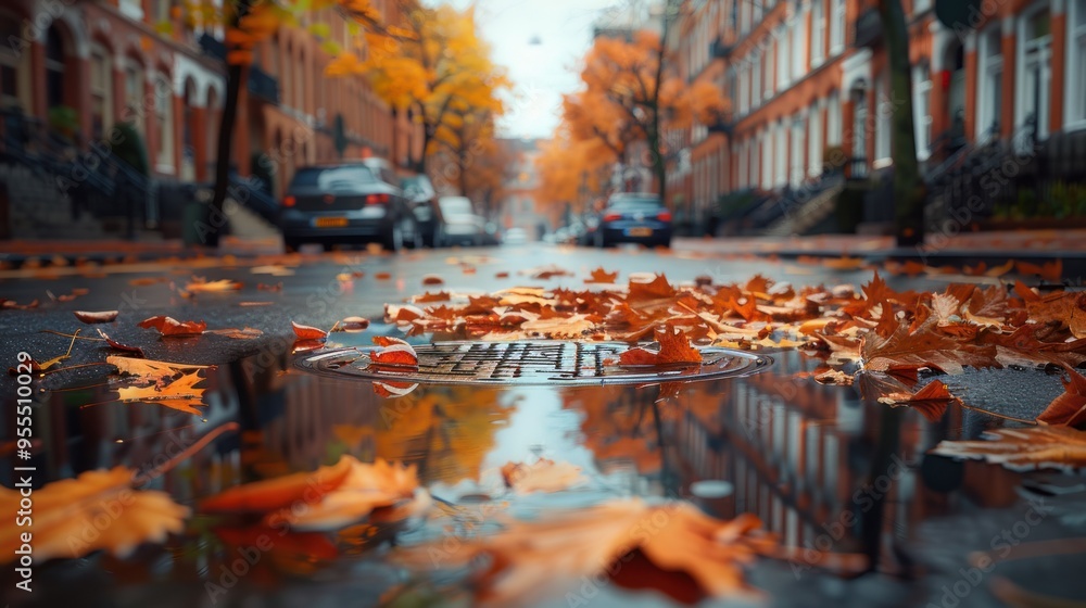 Autumn leaves in shades of red and yellow float in a puddle, reflecting city buildings and creating a vibrant seasonal scene on an autumn street. Autumn leaves in shades of red and yellow float in a puddle, reflecting city buildings and creating a vibrant seasonal scene on an autumn street.