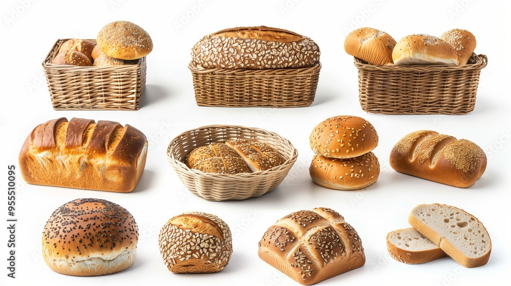 Multigrain bread bun loaf slice on white. Many assorted different angles, stack, basket, pile, slice. Mockup template for artwork Multigrain bread bun loaf slice on white. Many assorted different angles, stack, basket, pile, slice. Mockup template for artwork