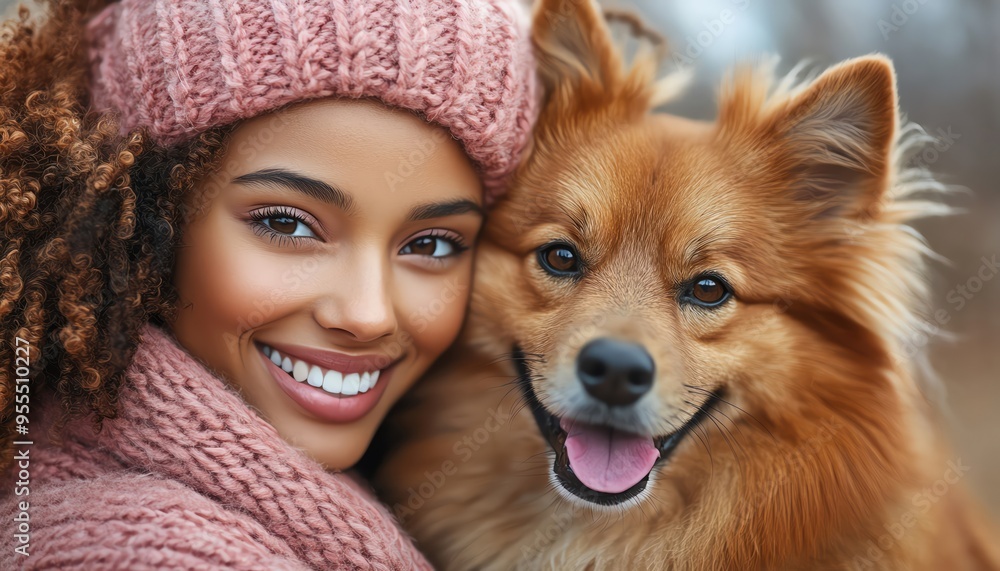 Smiling woman in pink hugging a fluffy dog against a matching background Smiling woman in pink hugging a fluffy dog against a matching background