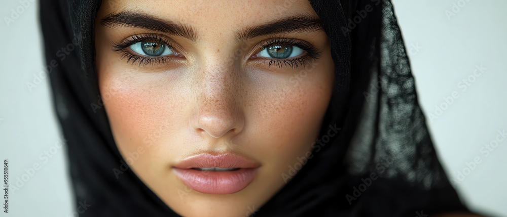 Woman in a black hijab with soft makeup, posing against a clean white background Woman in a black hijab with soft makeup, posing against a clean white background