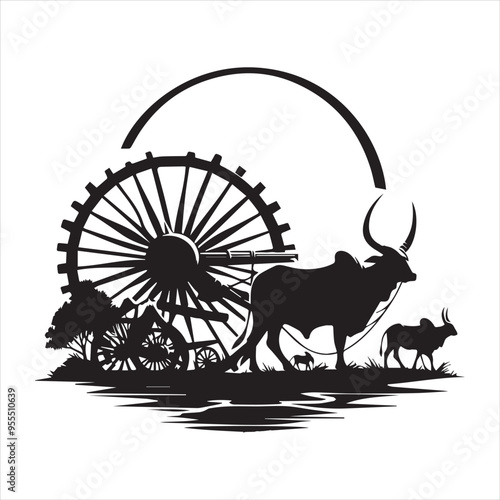bullock cart wheel silhouette vector With White Background 