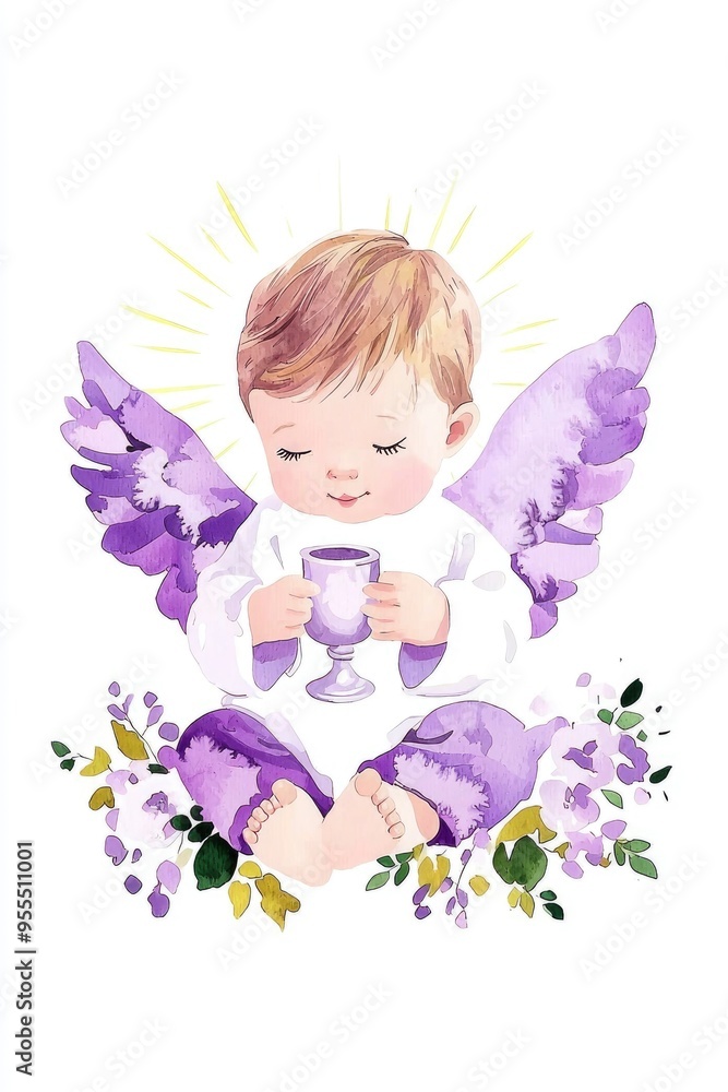 Watercolor Illustration of a Baby Angel Holding a Chalice Watercolor Illustration of a Baby Angel Holding a Chalice