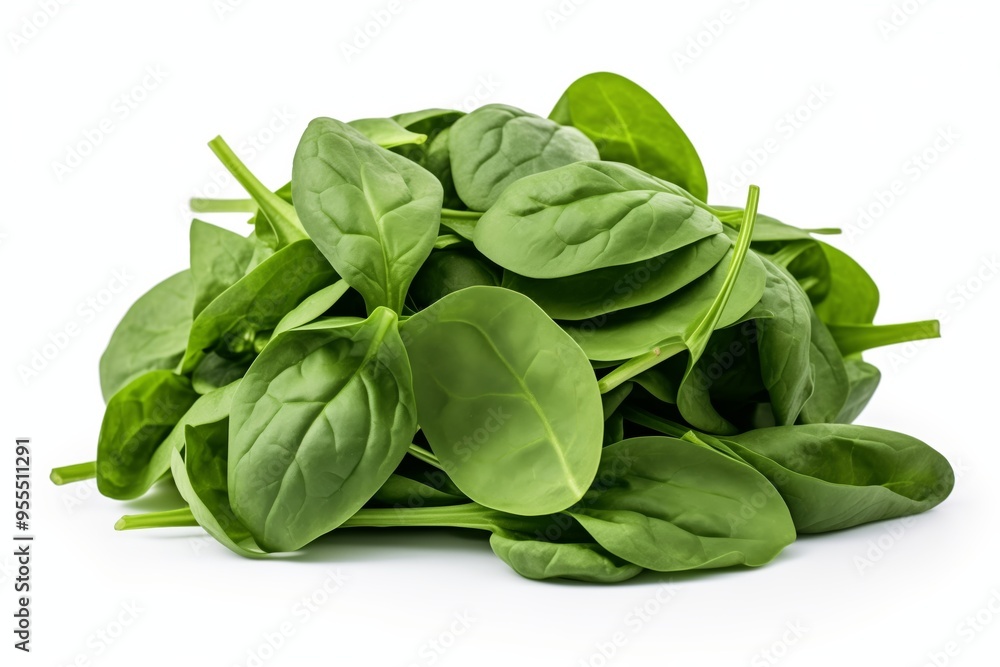 Pile of fresh green baby spinach leaves isolated on white background. Close up Pile of fresh green baby spinach leaves isolated on white background. Close up