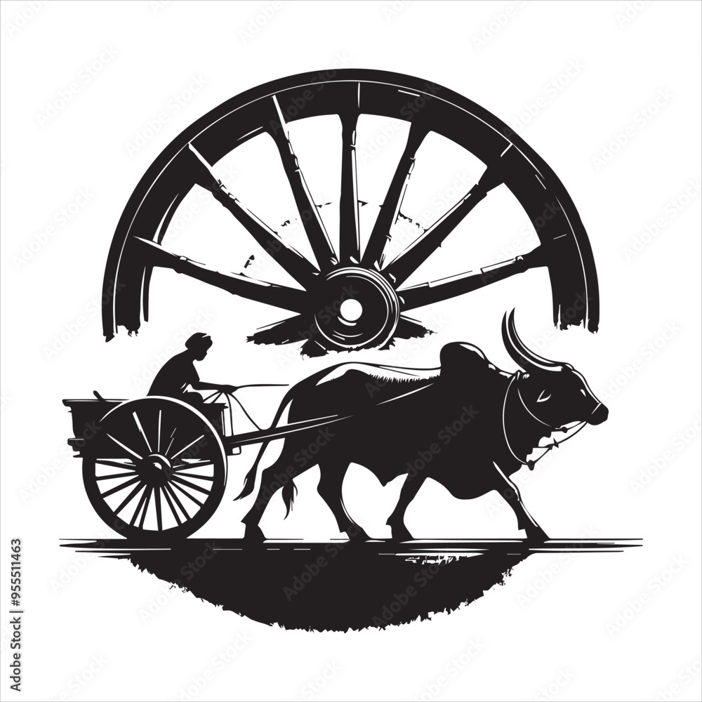 Fototapeta premium bullock cart wheel silhouette vector With White Background 
