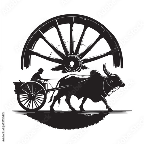 bullock cart wheel silhouette vector With White Background 