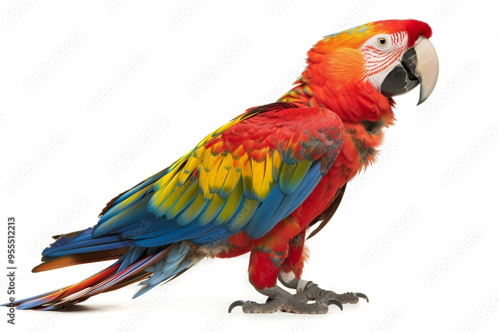 Red macaw parrot isolated on white background. Bird pet with copy space Red macaw parrot isolated on white background. Bird pet with copy space