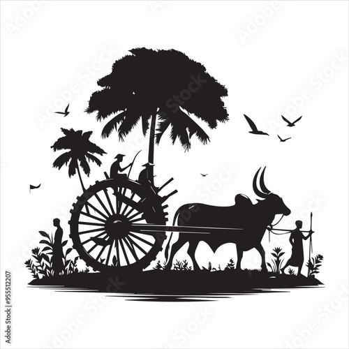 bullock cart wheel silhouette vector With White Background 