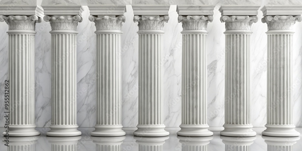 Seven Fluted Marble Columns Against White Marble Background, 3D Render, Classical Architecture, Interior Design, Fluted Columns, Marble Background, 3D Model Seven Fluted Marble Columns Against White Marble Background, 3D Render, Classical Architecture, Interior Design, Fluted Columns, Marble Background, 3D Model
