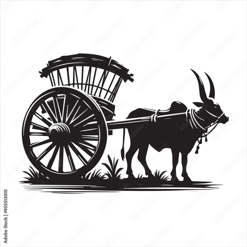 Fototapeta premium bullock cart wheel silhouette vector With White Background 