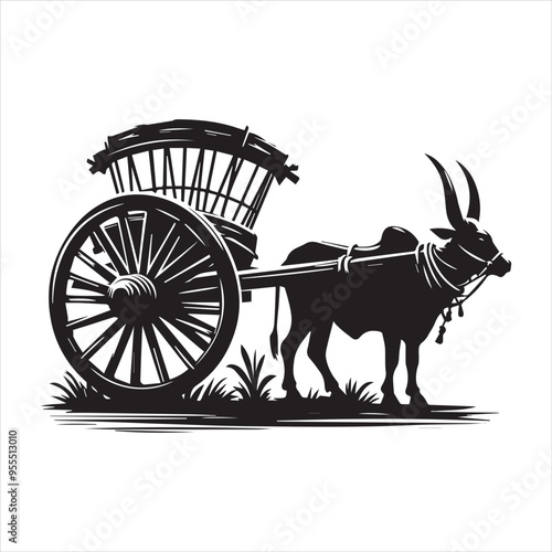 bullock cart wheel silhouette vector With White Background 