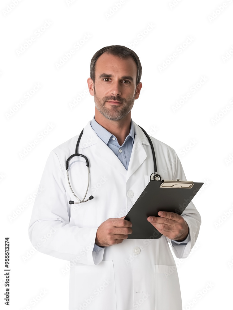 male doctor holding medical record clipboard in white coat with stethoscope isolated on transparent background male doctor holding medical record clipboard in white coat with stethoscope isolated on transparent background